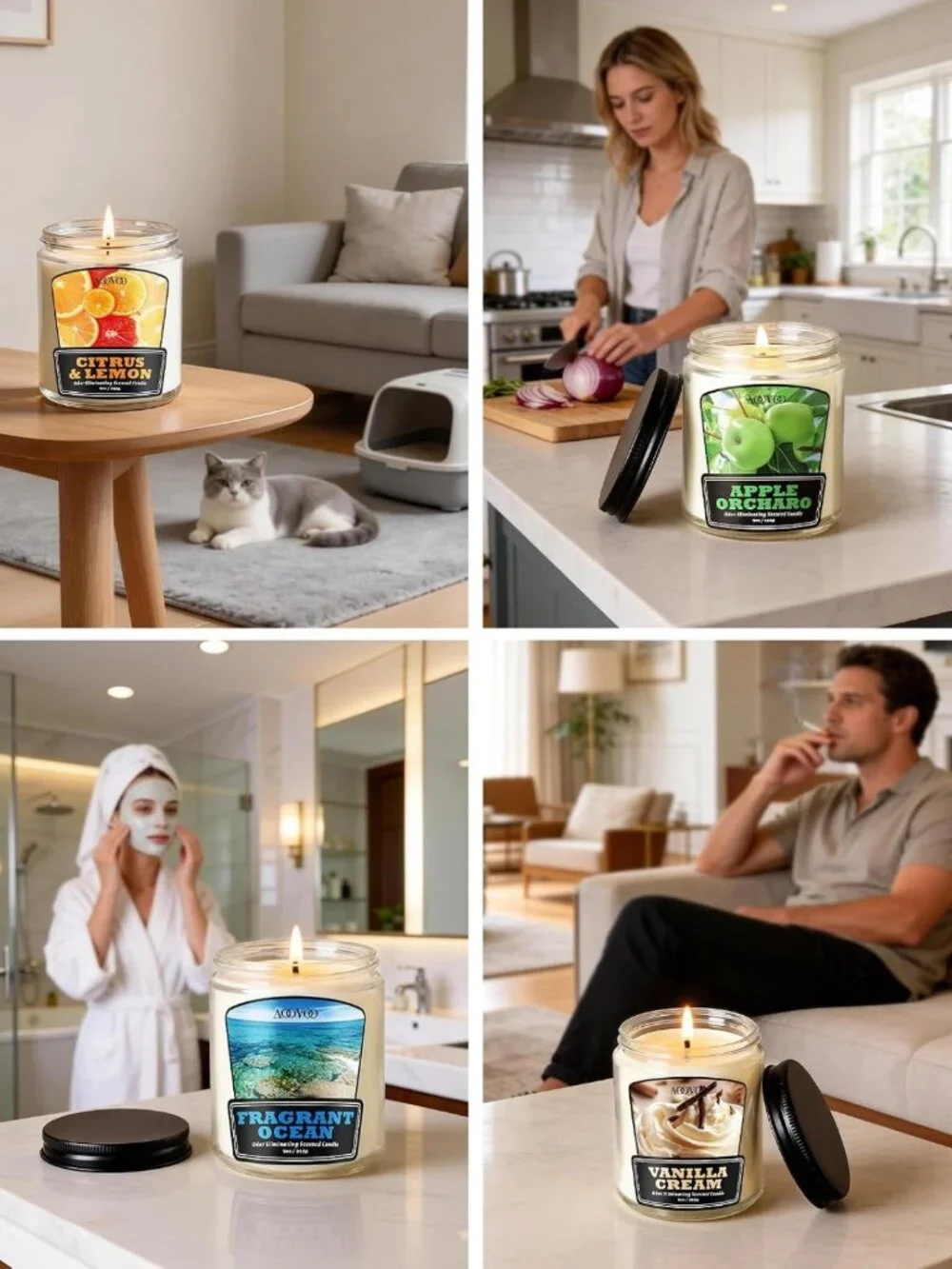 Odor Eliminating Soy Candle Set - 4 Pack, Non-Toxic, Long Lasting, Freshens Home
